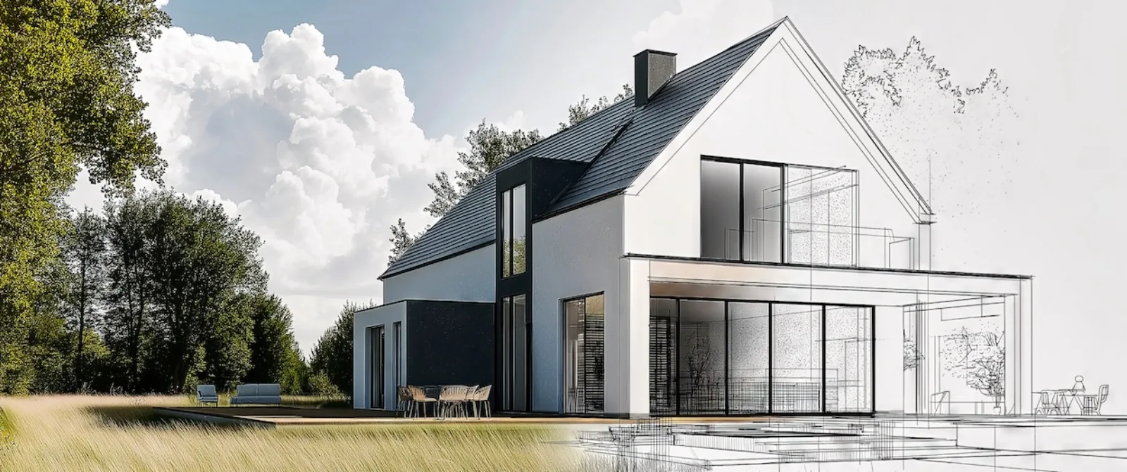 Modern home rendered half as sketch and half as photo