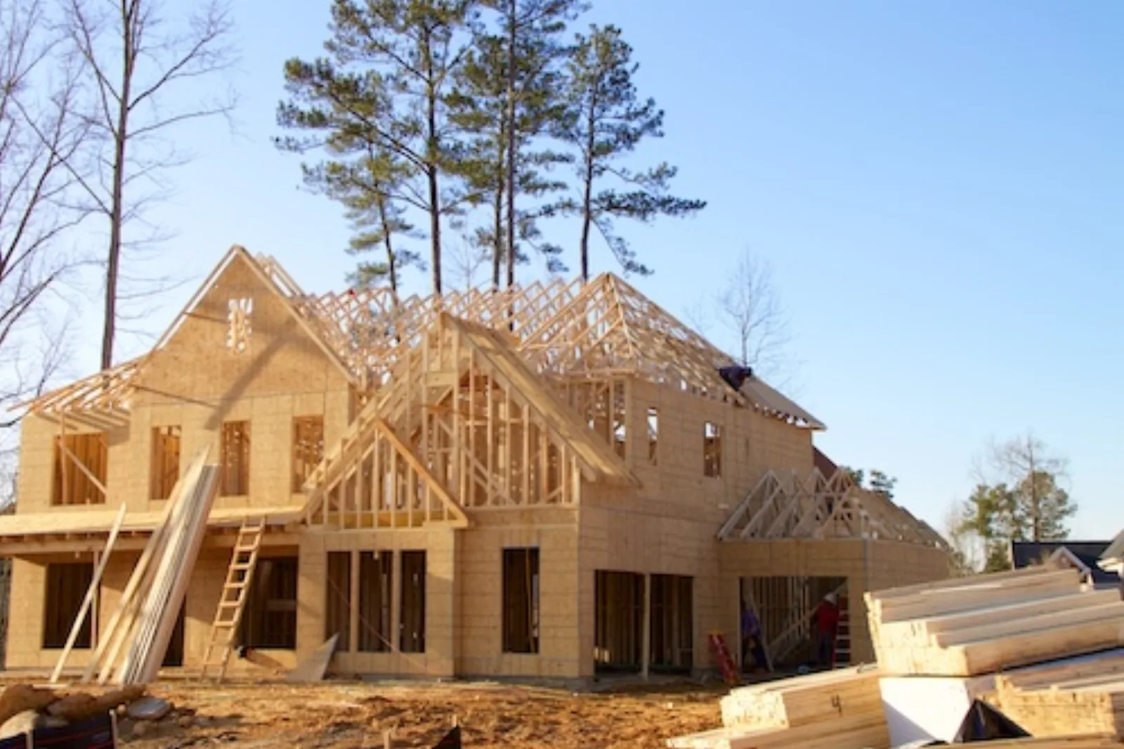 New home under construction at the framing stage