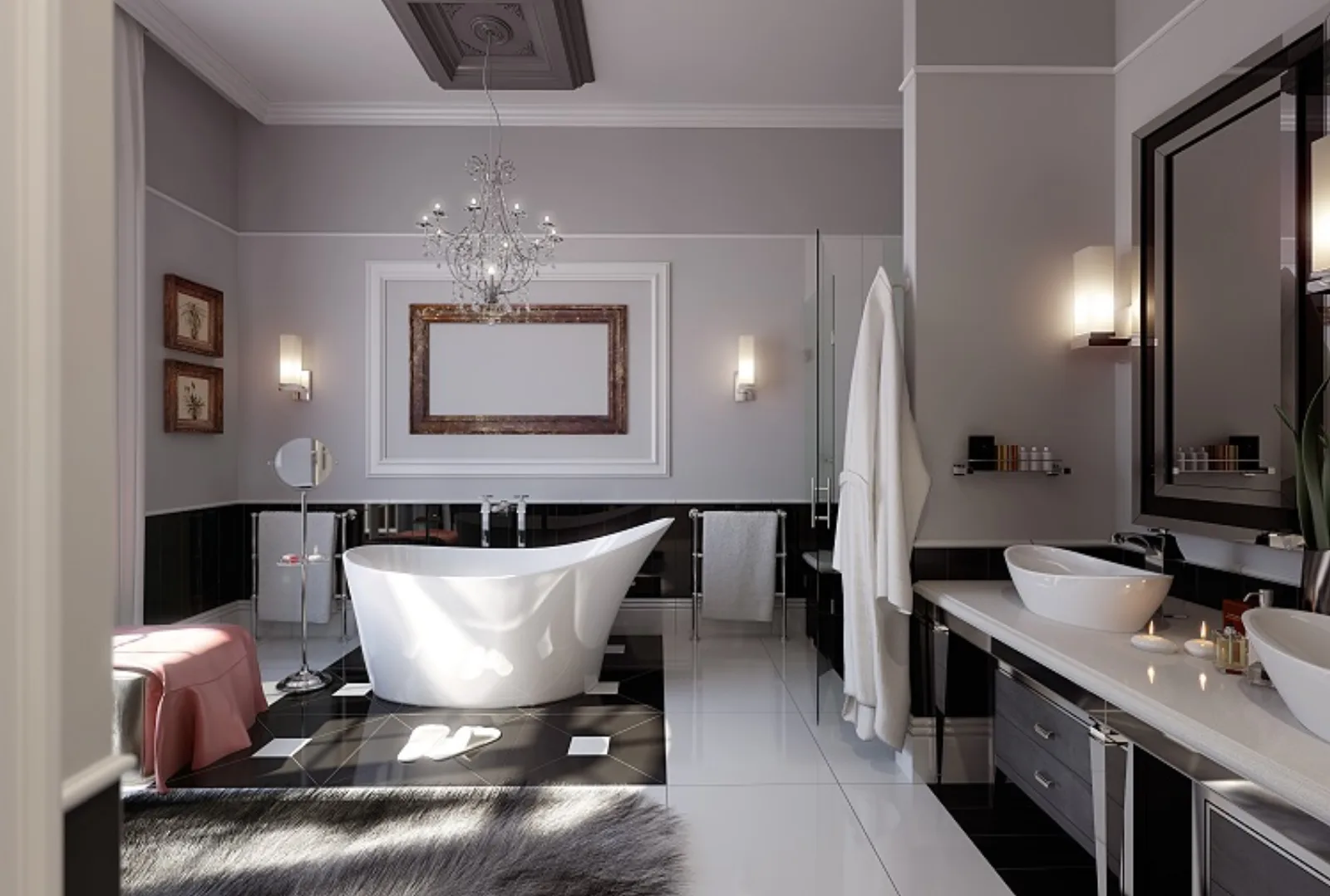 Bathroom with a freestanding tub under a chandelier