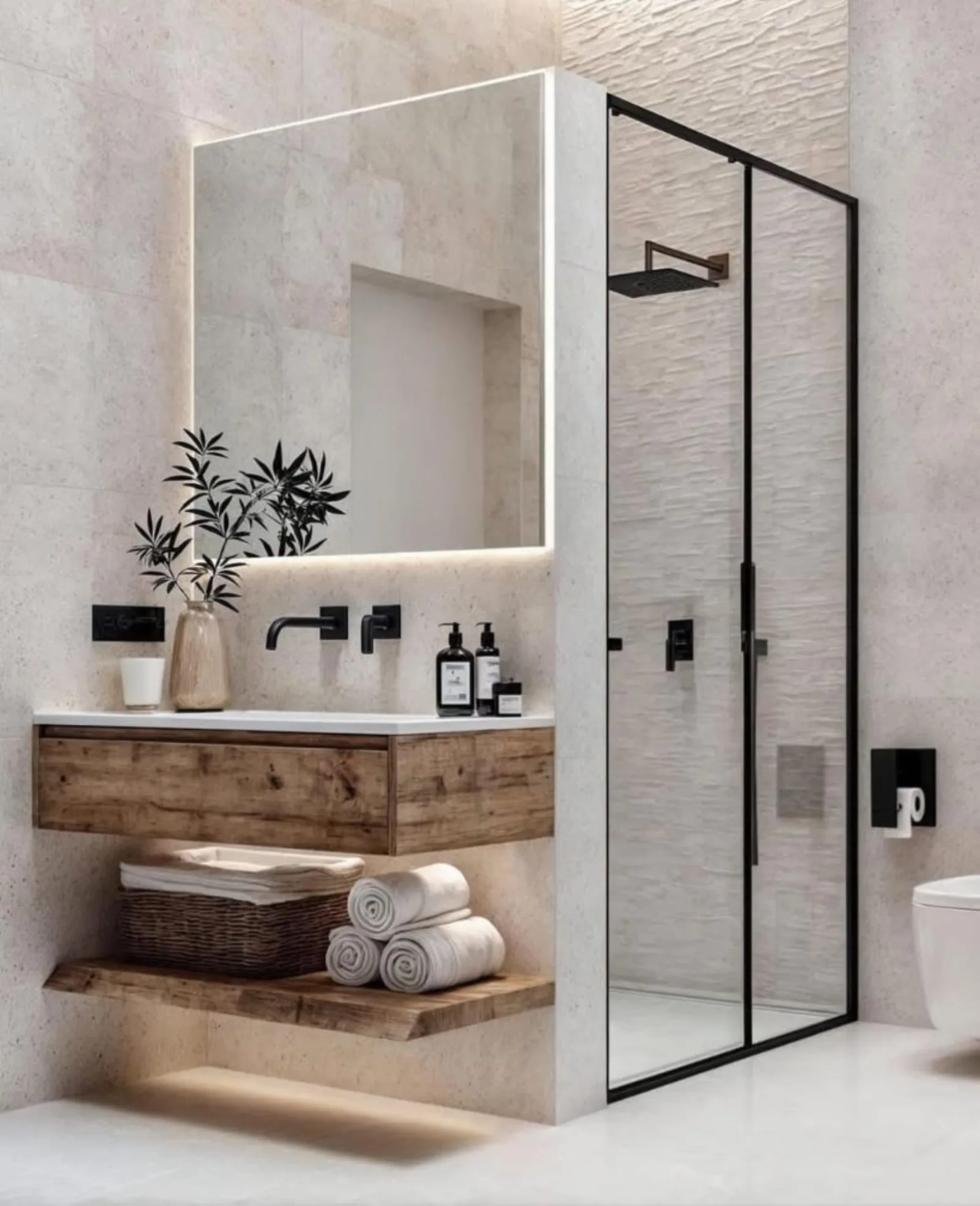 Modern bathroom with a wood floating vanity and black framed shower