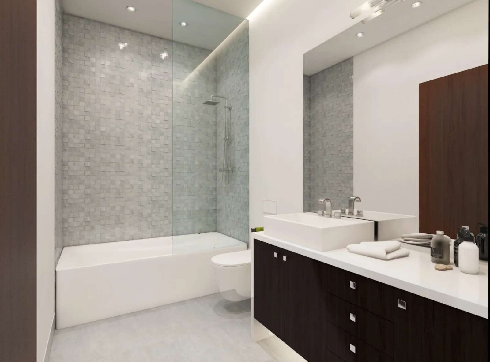 Bathroom with a tub, glass shower panel and floating vanity