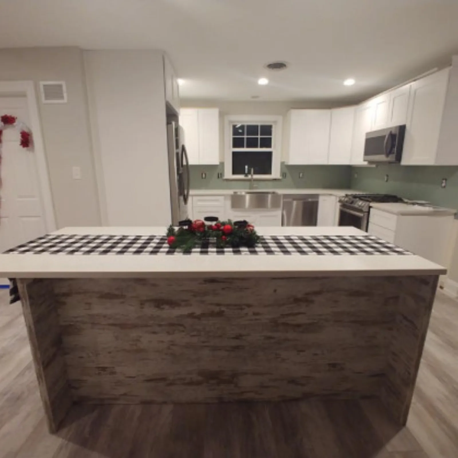 Rustic kitchen island with a checkered pattern top
