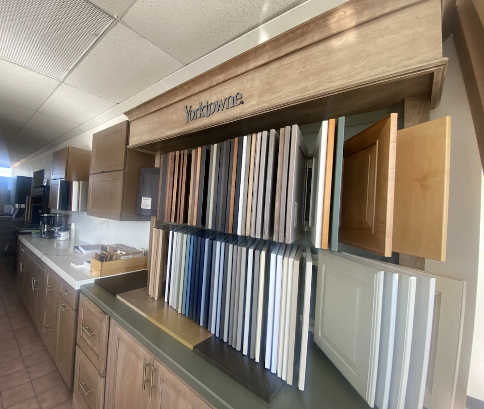 Showroom display of cabinet finish samples